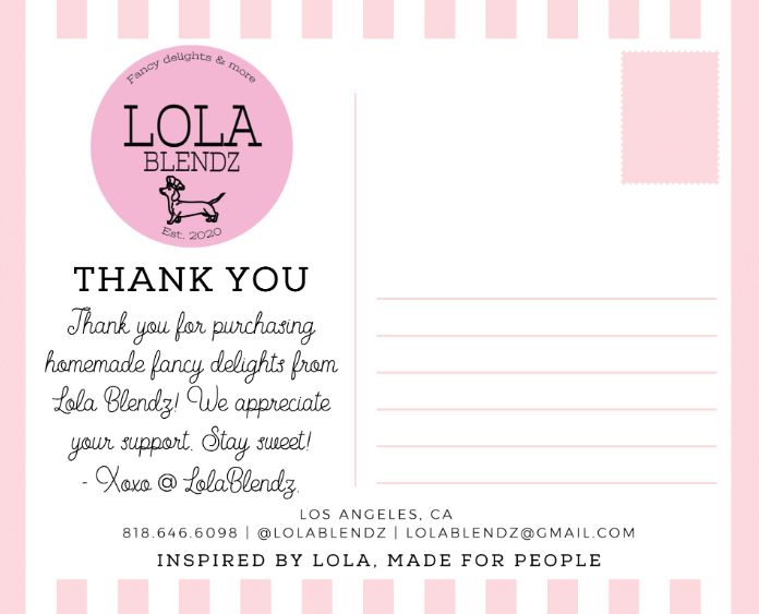 Lola Blendz thank-you postcard insert